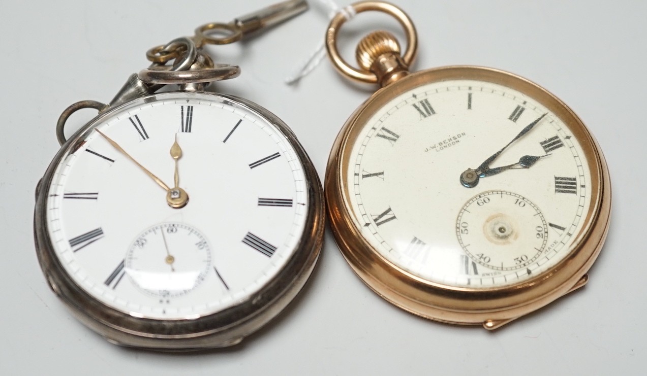 A George V J.W. Benson 9ct gold open faced pocket watch (a.f.), with interior personalised inscription, case diameter 48mm, gross weight 85.7 grams, together with a late Victorian silver open faced pocket watch.